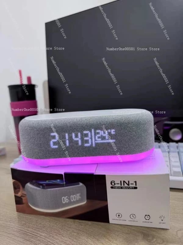 Altoparlante Bluetooth 6 in 1 Multifunzione con Caricatore Wireless, Sveglia, Display Temperatura, Luce Notturna - Essenziale per l'Ufficio