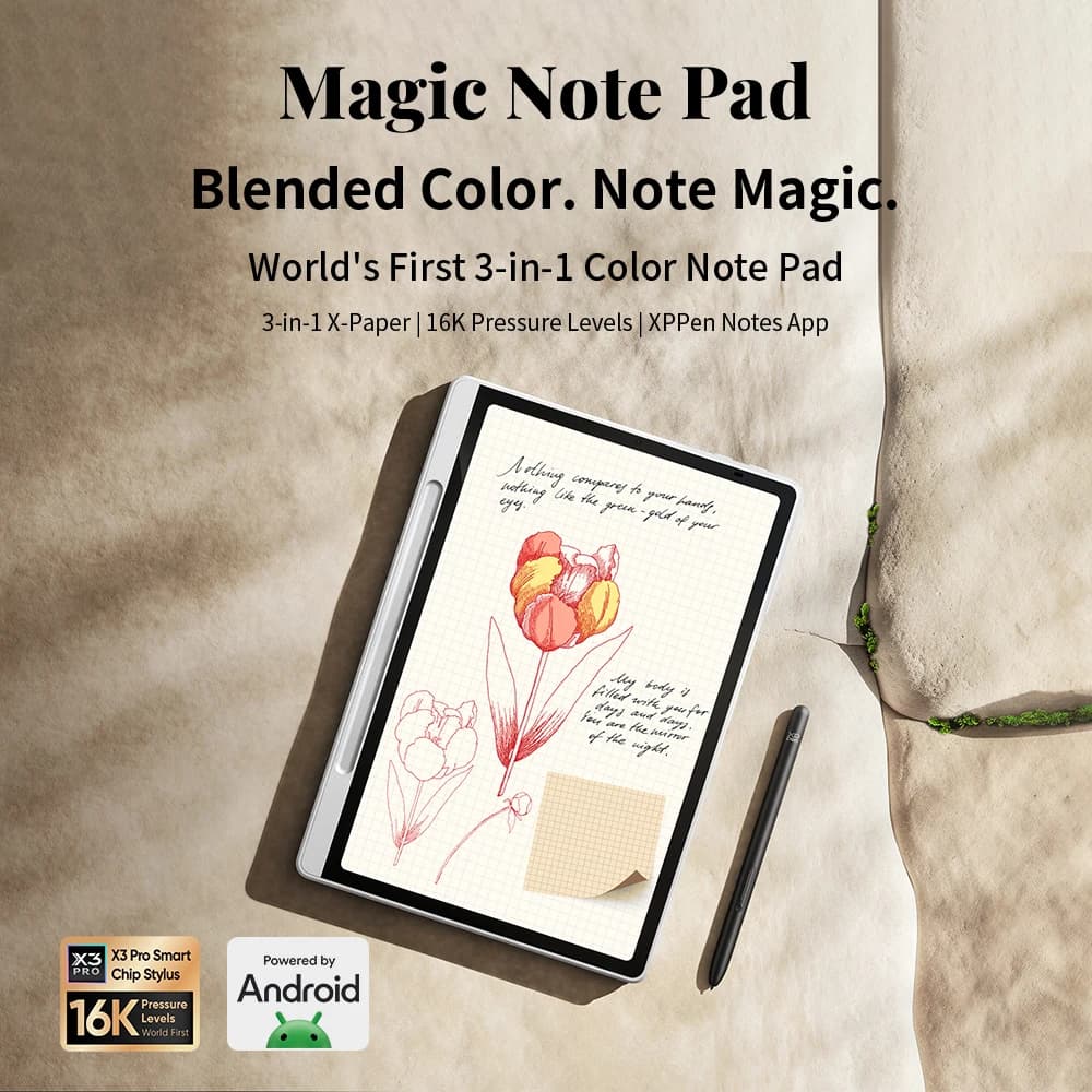 XPPen Magic Note Pad Android 14 Bianco, Tablet Grafico, Blocco Note Digitale per Affari, Pad 3-in-1 con Carta a Colori, Lettore E-book