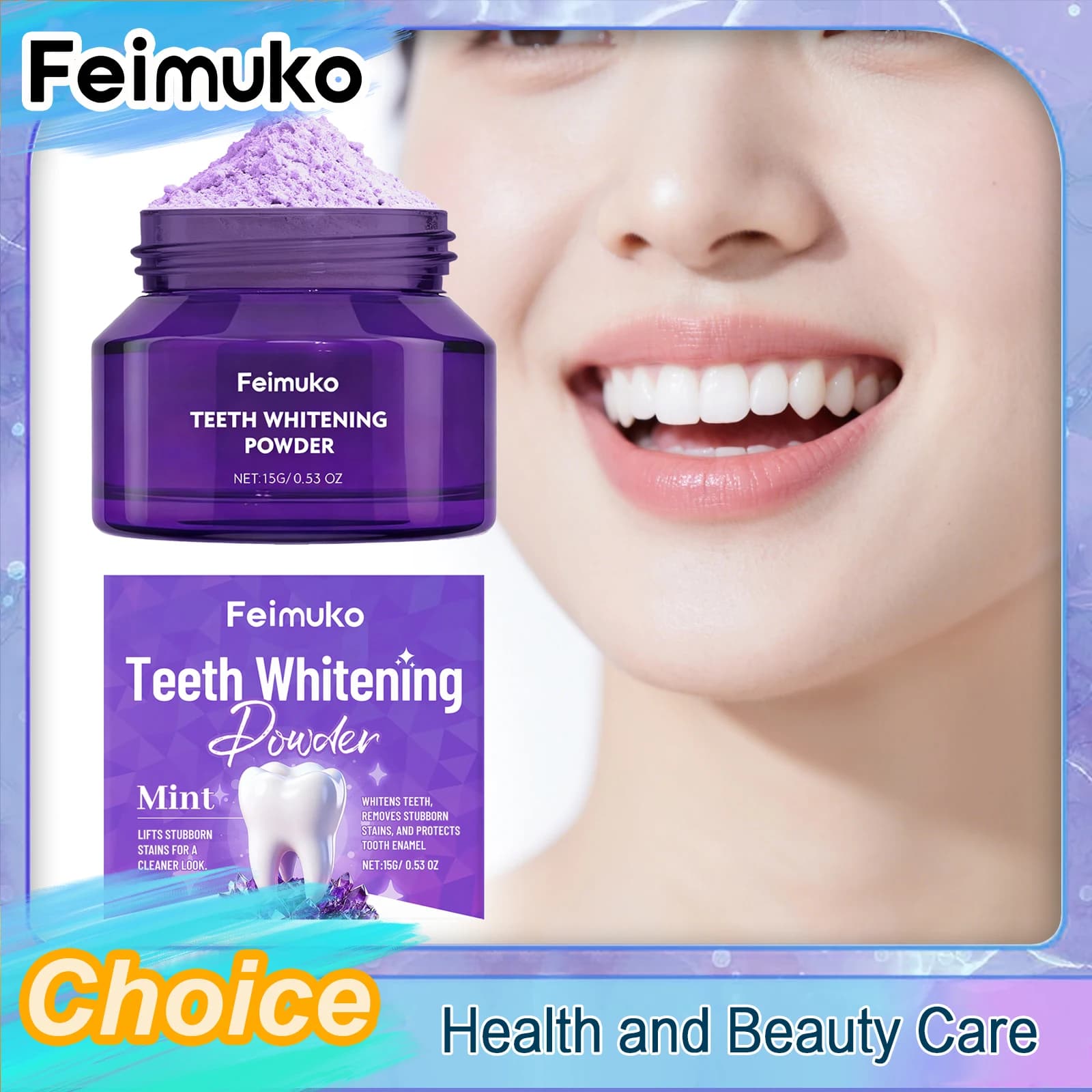 Feimuko Purple Cleansing Tooth Powder si scioglie delicatamente per pulire la bocca e i denti, rinfrescando e purificando, per l'igiene orale quotidiana
