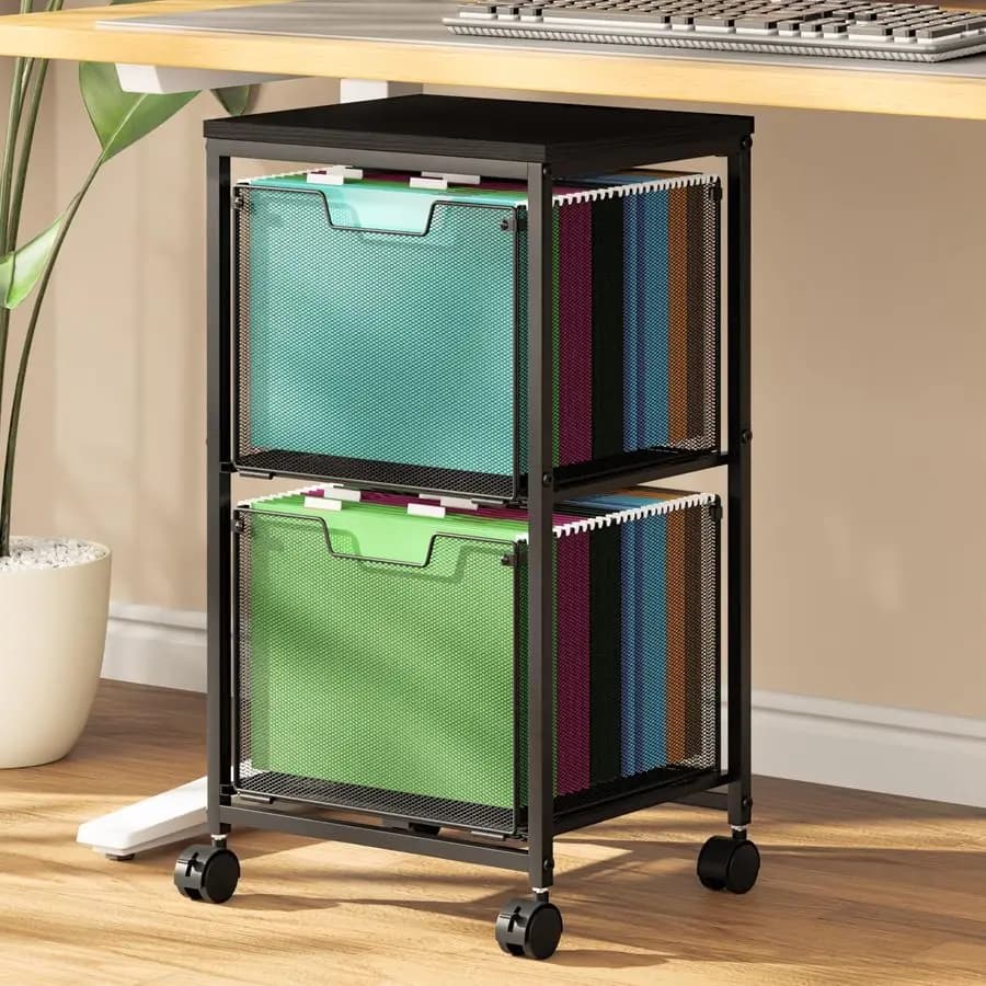 Carrello Portadocumenti con 2 Cassetti, Armadietto Portadocumenti con Ruote, Organizzatore per Cartelle Sospese, Contenitore Sotto Scrivania, Supporto per Stampante