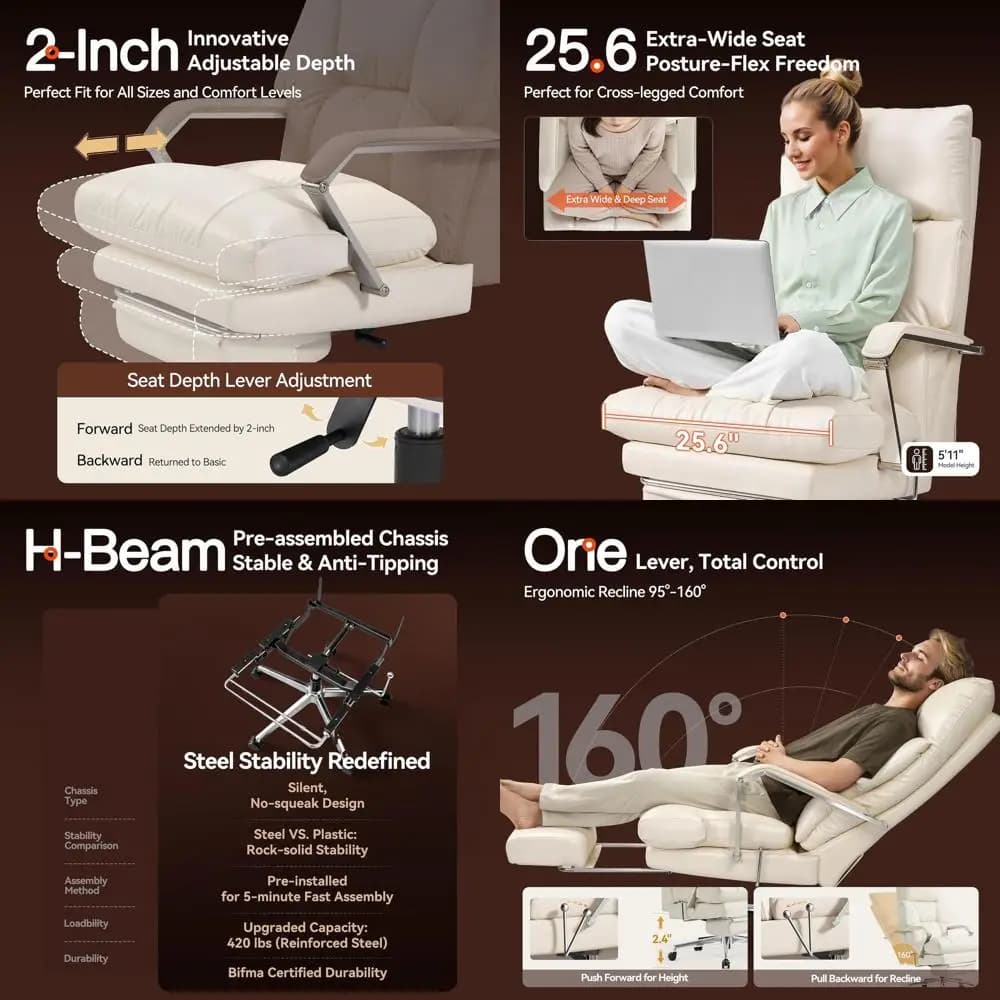 High-Back Leather Executive Office Chair with Footrest, Adjustable Seat Depth, 10 Cushion, Cream