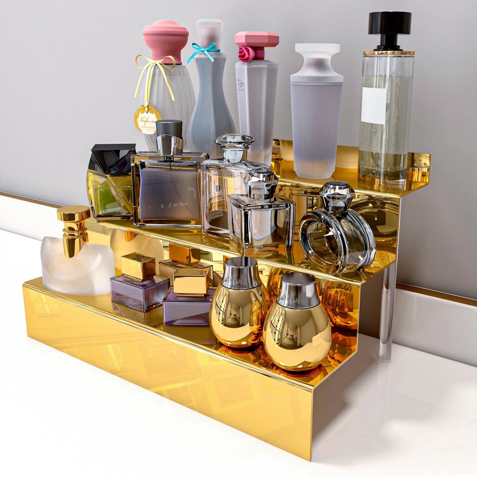 Organizer a 3 livelli in acrilico a specchio dorato (per smalto/profumo/lossetto/colonia) - Finitura lucida a specchio, leggera e portatile