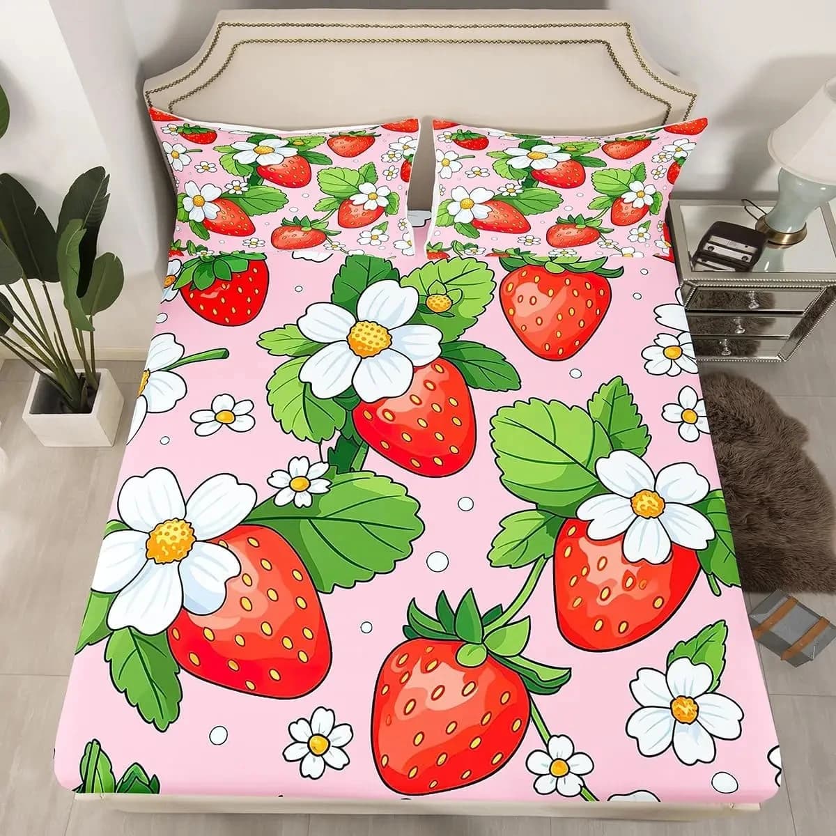 Strawberry Fitted Sheet Pink Strawberry Cute Fruit Bedding Set for Girls Women Botanical Bed Cover Queen Twin with 2 Pillowcases