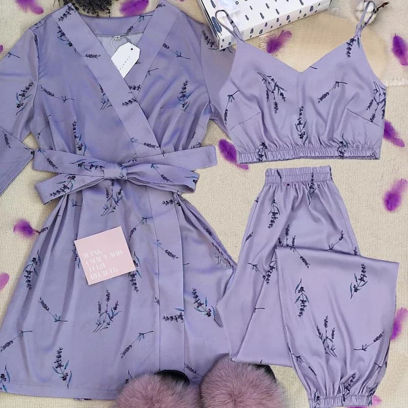 Synthetic Silk Satin Pijama Women's Set with Strap Top Night Trousers with Floral Print Autumn Home Clothing Nightwear S-XXL