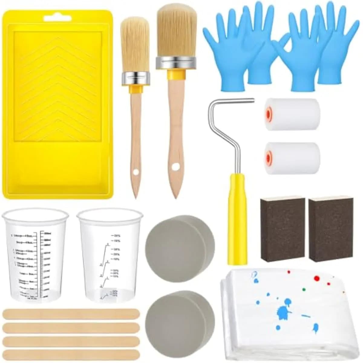 20-Piece Cabinet Refinishing Kit Featuring Round Brushes Natural Bristles Sponge Applicators High-Density Foam Rollers Metal Fra