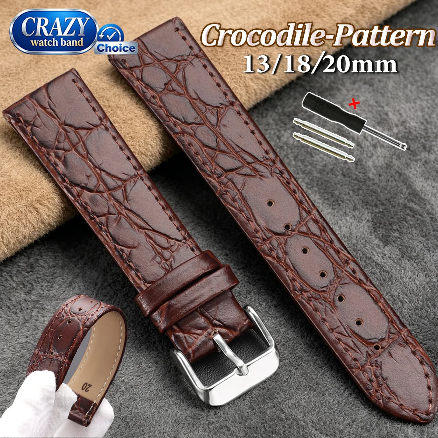 Cinturino per Orologio in Pelle Opaca Goffrata Coccodrillo per Casio e Longines, 20mm 18mm 13mm, Cinturino di Ricambio per Uomo Donna, Marrone, Stile Business