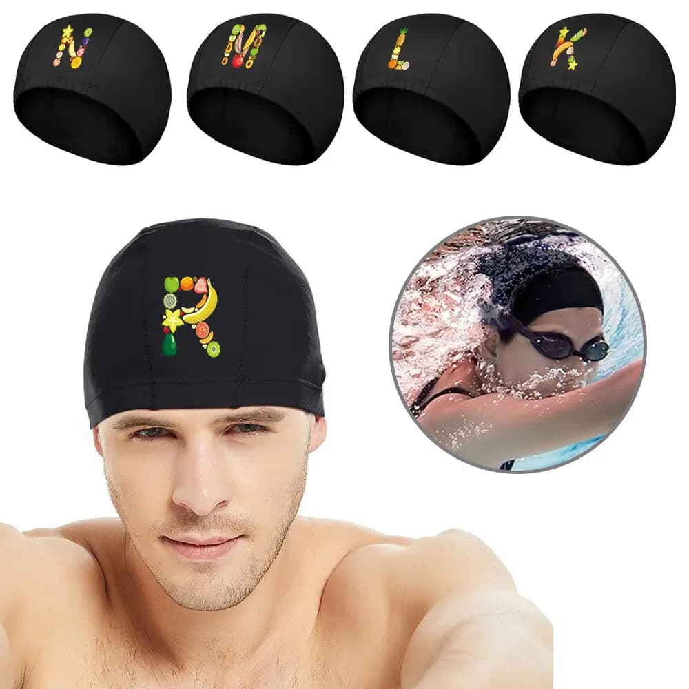 UNISEX swim cap with fruit initial pattern, ear protection, for swimming pool, underwater equipment, elastic