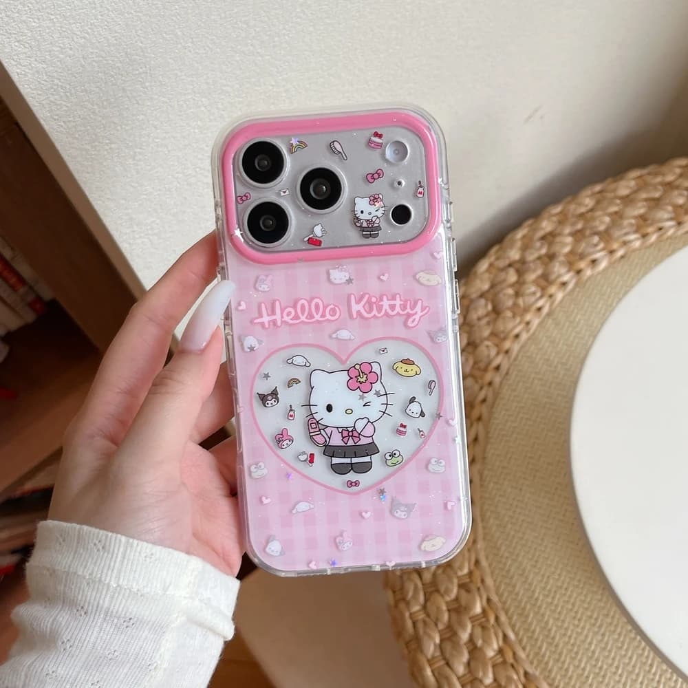Hard shock phone case with glittery stickers from Sanrio Hello Kitty and Kuromi, cute cartoon design, for iPhone 17 16 15 14 13 Pro Max
