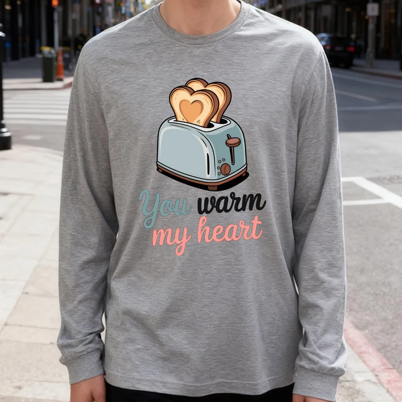 Men's Long Sleeved T-shirt You Warm My Heart 180g 100% cotton printed casual crew neck to wear every day soft and breathable