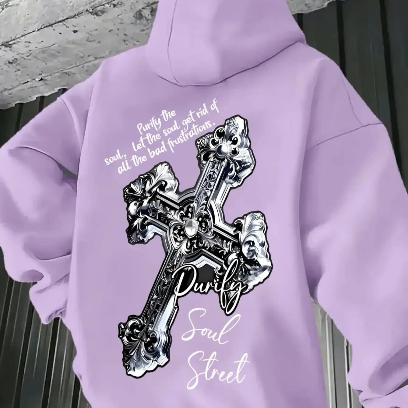 Men Y2K Street Hoodie Vintage Metal Cross Purify Soul Cursive Graphic Soft Fleece Lined Oversized Urban Pullover
