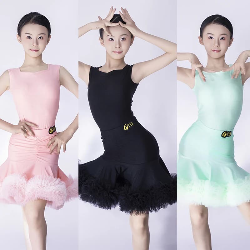 Vestito da ballo latino per ragazze Abiti da pratica senza maniche estivi Costume da competizione per spettacoli di danza latina professionale per bambini NV23629
