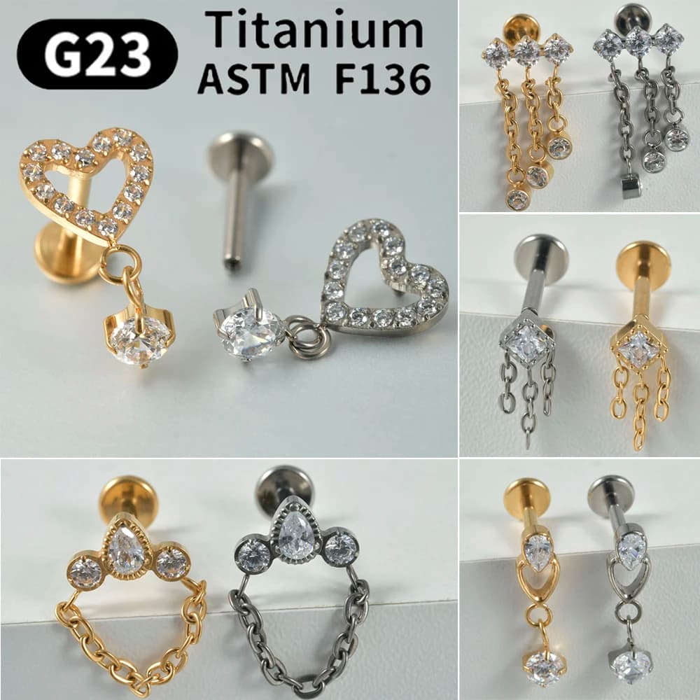 1PC Minimalist Dangle G23 Solid Titanium Cartilage Earrings Stud 16G Internally Threaded Heart Helix Medusa Piercing Jewelry