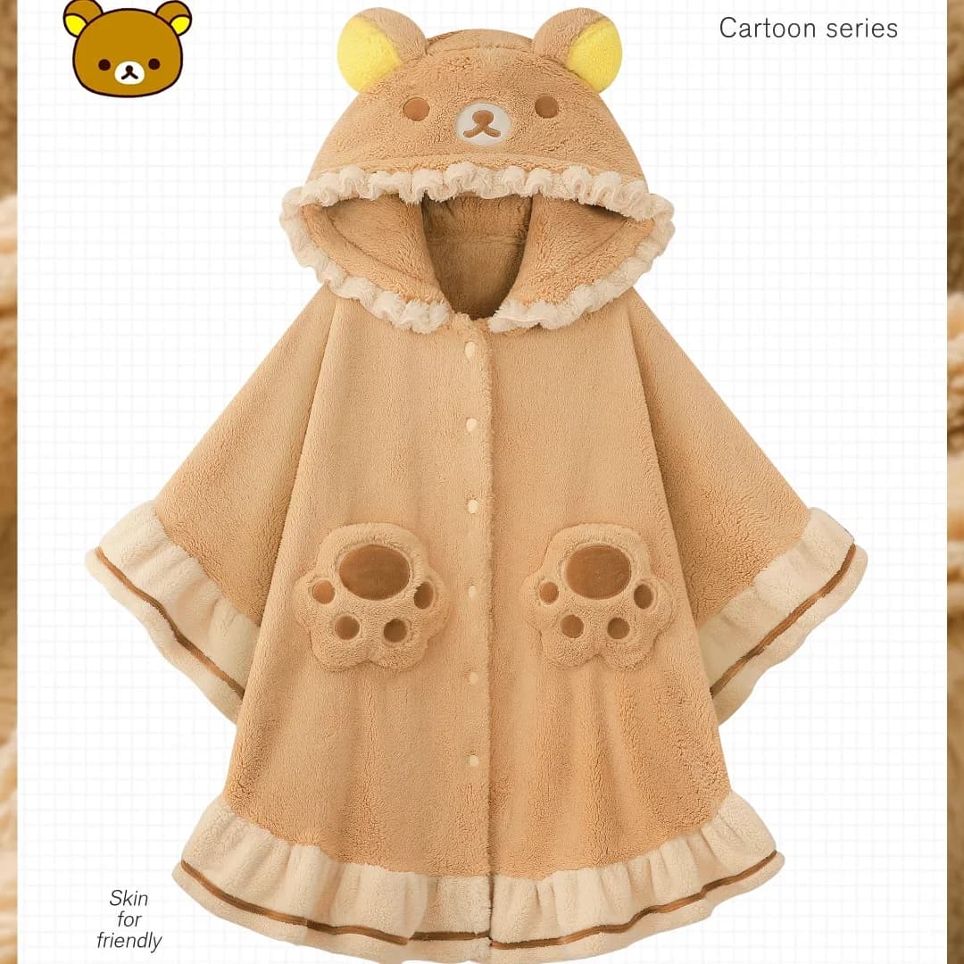 New Poncho with Rilakkuma 2025 Hood for Women, Warm and Thickness in Soft Coral Apples, Comfortable Outdoor Clothing, Loungewear and Winter Pijama