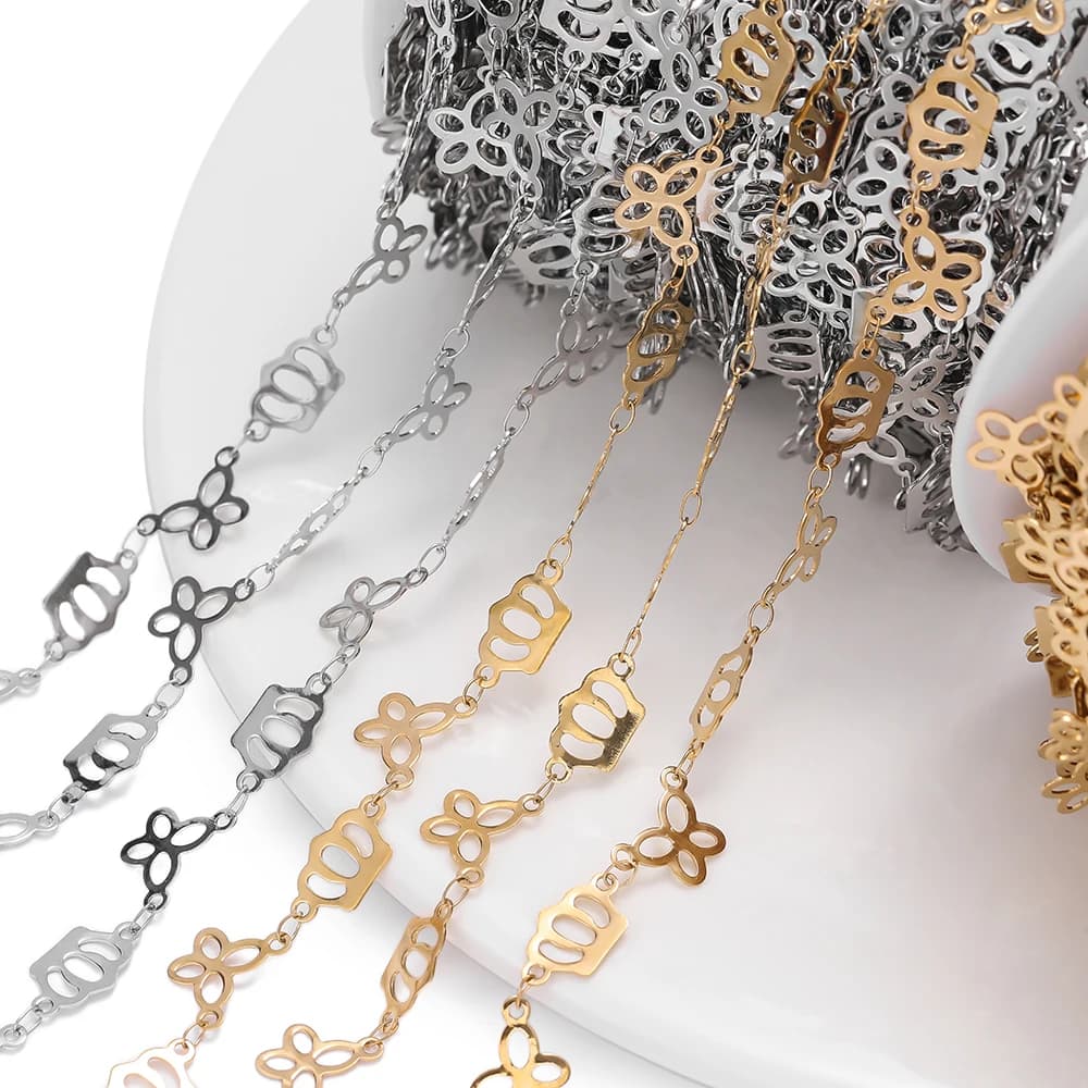Catena a maglie a corona a farfalla cava da 1m in acciaio inossidabile, fatta a mano, per collane fai da te, catene da vita, accessori per la creazione di gioielli