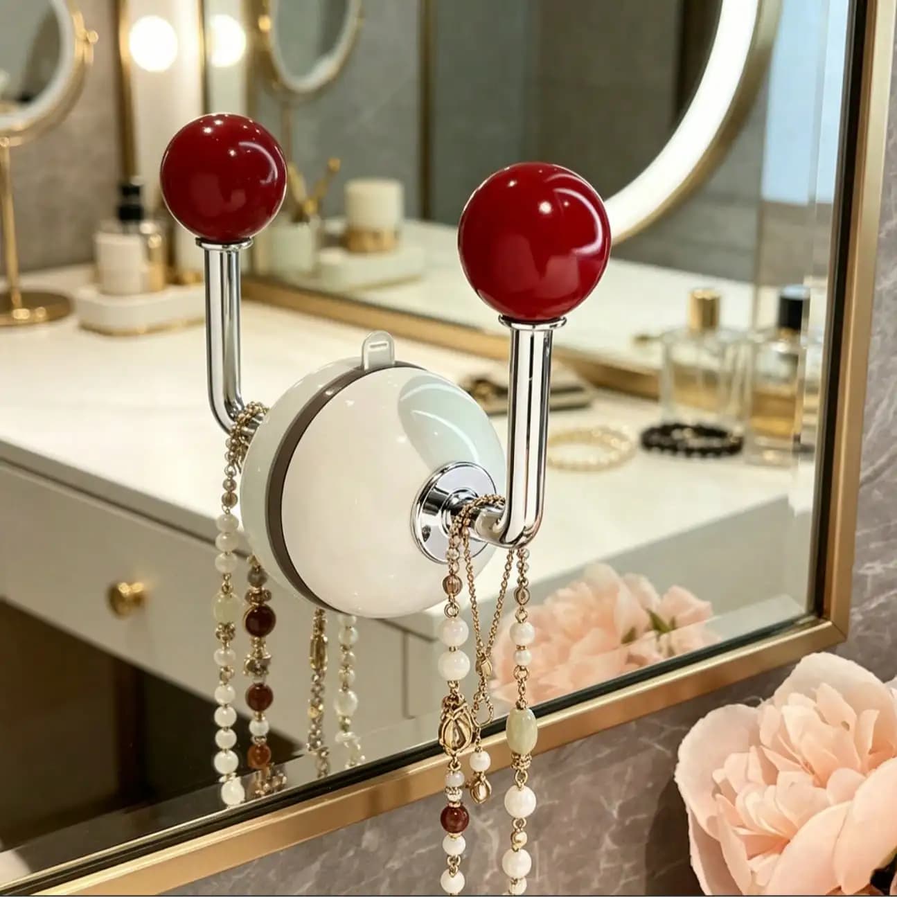 Cream Style Round Ball Suction Hooks, Punch-Free No Trace Hooks, Storage Hangers for Bathroom & Dresser, Clothes & Hat Organizer