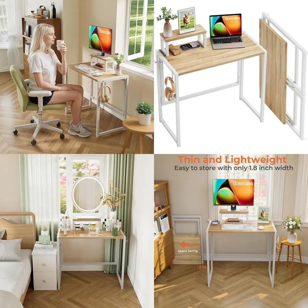 Scrivania pieghevole compatta in rovere 31,5 con supporto per monitor e gancio per ufficio domestico e dormitori