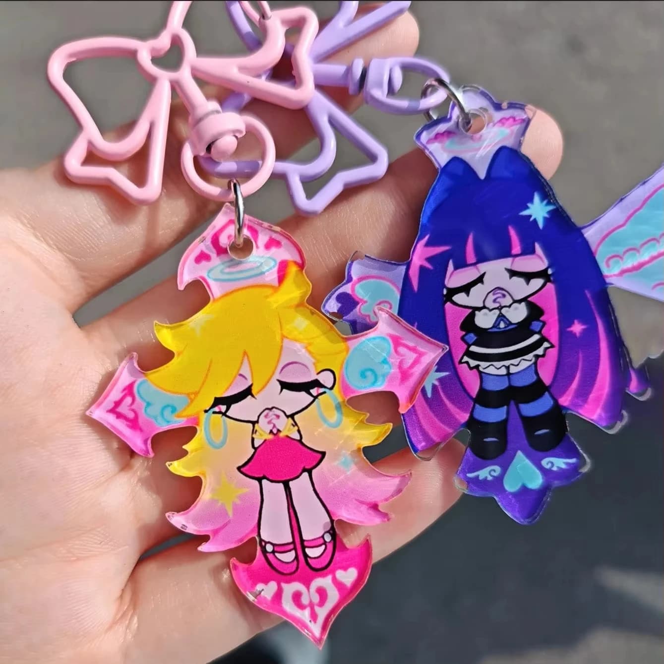 2pcs Fashion Panty Stocking with Garterbelt Anime Keychain for Women Kawaii Stickers Figure Acrylic Keyring Pendant Gifts