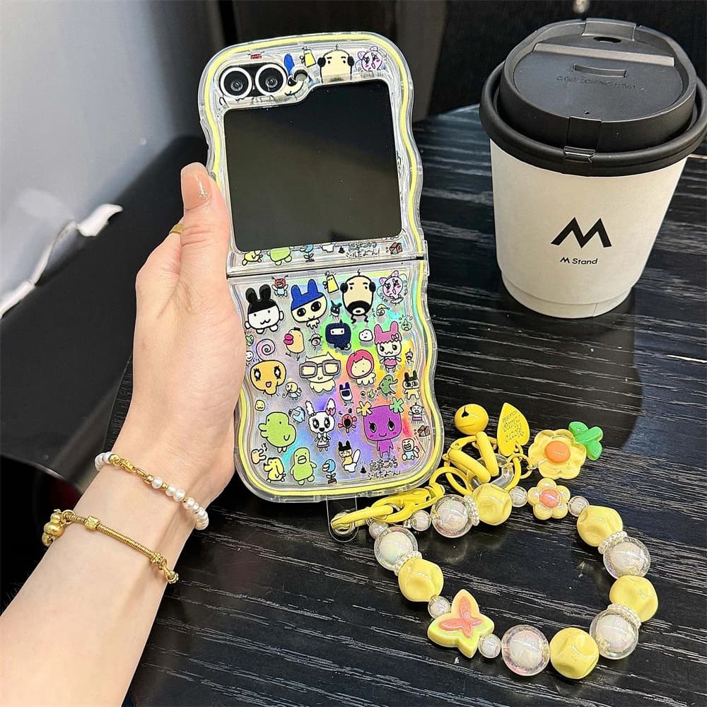 Cute Cartoon Japan Anime Tamagotchi Phone Case For Samsung Galaxy Z Flip 7 6 5 Hard TPU Cover For Z Flip 4 3 With lanyard