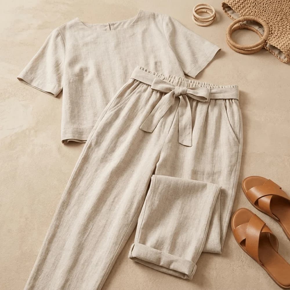 Half-sleeved Women's Cotton Linen Suit Elastic Waist Round Neck Two-piece Set Pullover Comfortable Summer Matching Suit