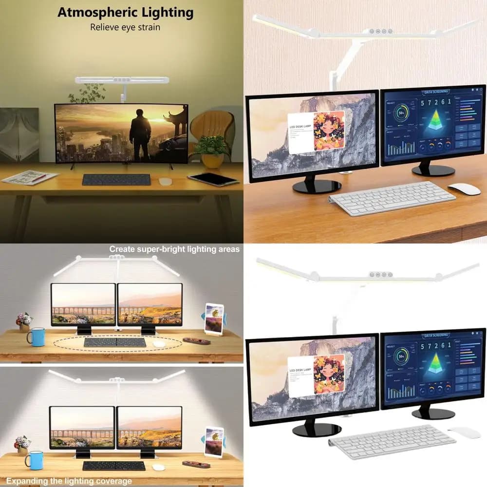 White architectural desk lamp with clamp, 24W adjustable LED table light, dimmable to steps, tempered glass, wide computer lighting