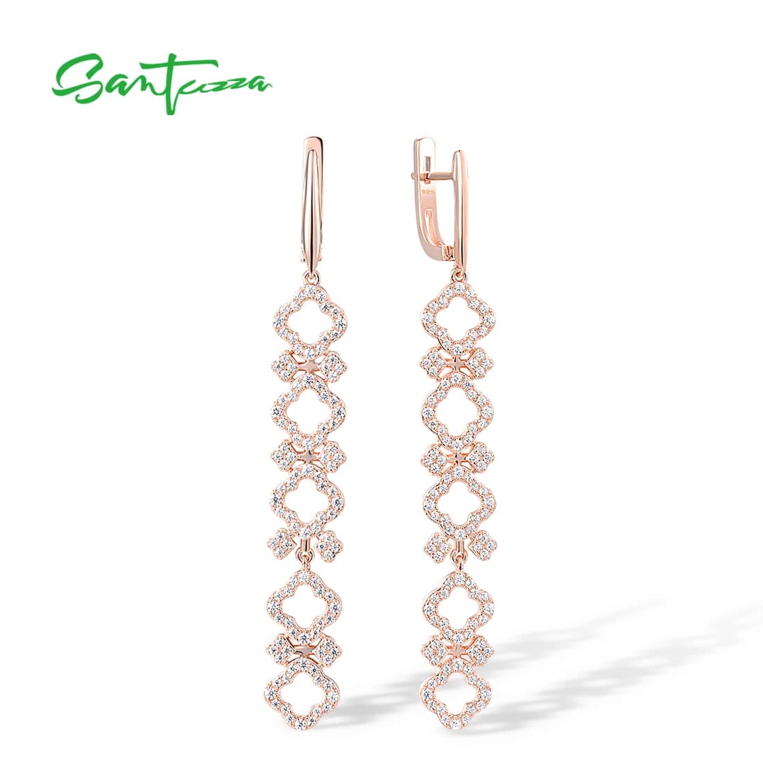 SANTUZZA Silver Earrings For Women Genuine 925 Sterling Silver Sparkling White CZ Geometric Long Earrings Fine Fashion Jewelry
