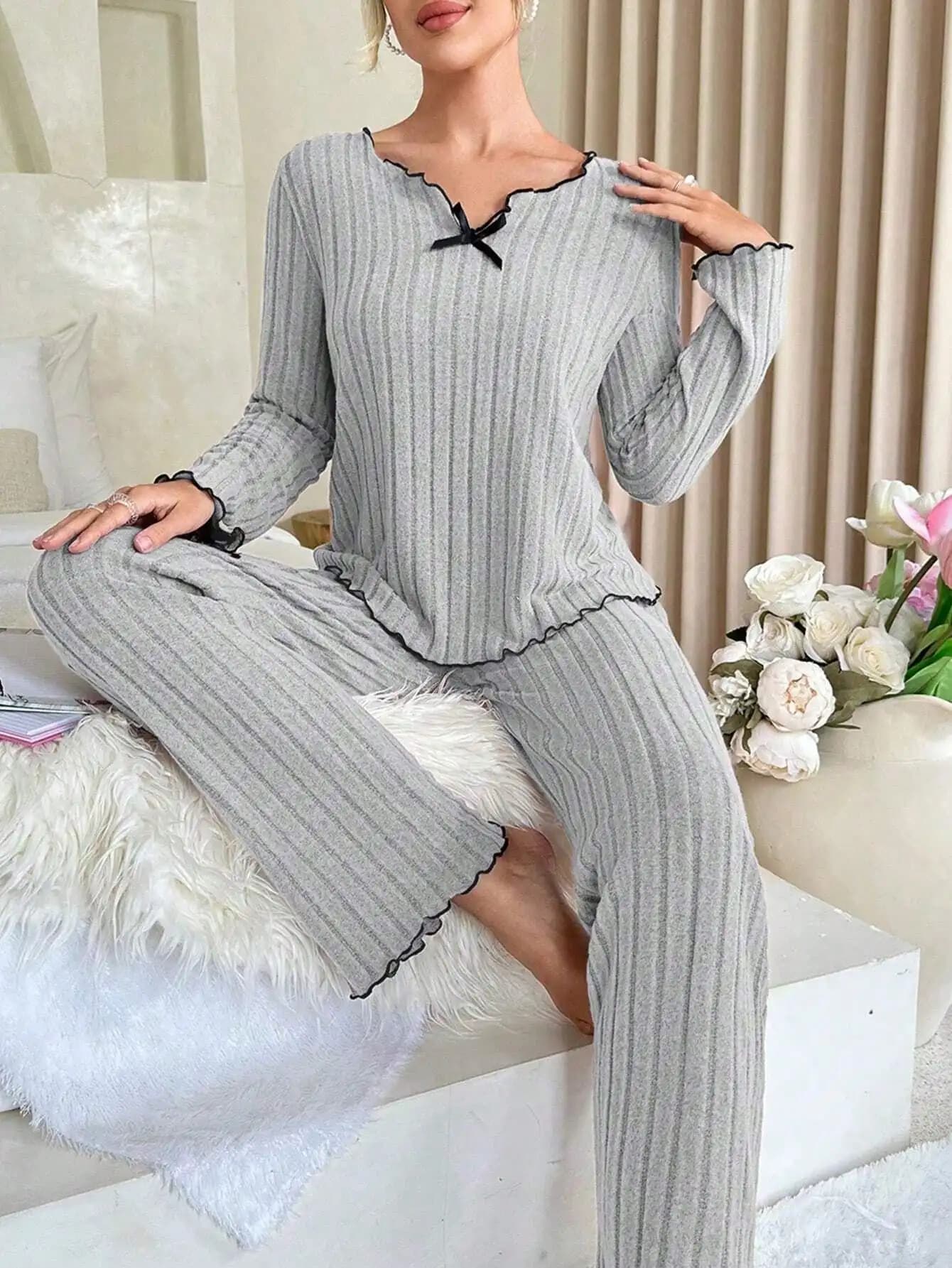 2-Piece Women's Autumn Winter Spring Sleepwear Set Black Edged Twist Casual Home Leisure Striped Comfortable Nightgown Pajamas