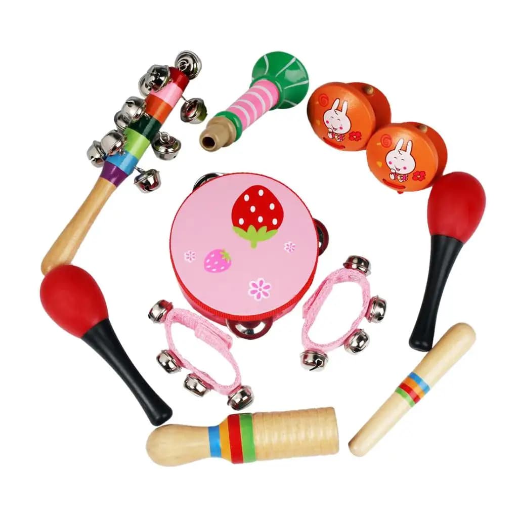Set di Strumenti Musicali 7 in 1, Kit di Percussioni in Legno e Metallo per Bambini dell'Asilo, Giocattolo Educativo Precoce con Tamburo
