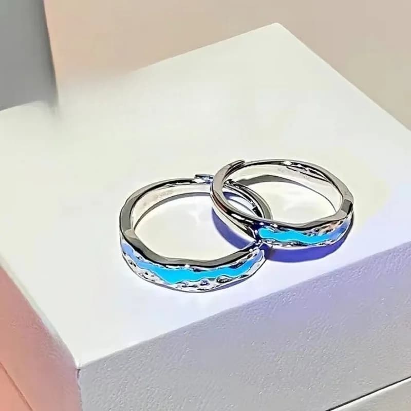 Ring with silver enamel with irregular geometry Style torque Fashionable night light Year Realm Wave point Circular line Ring with pair Aurora