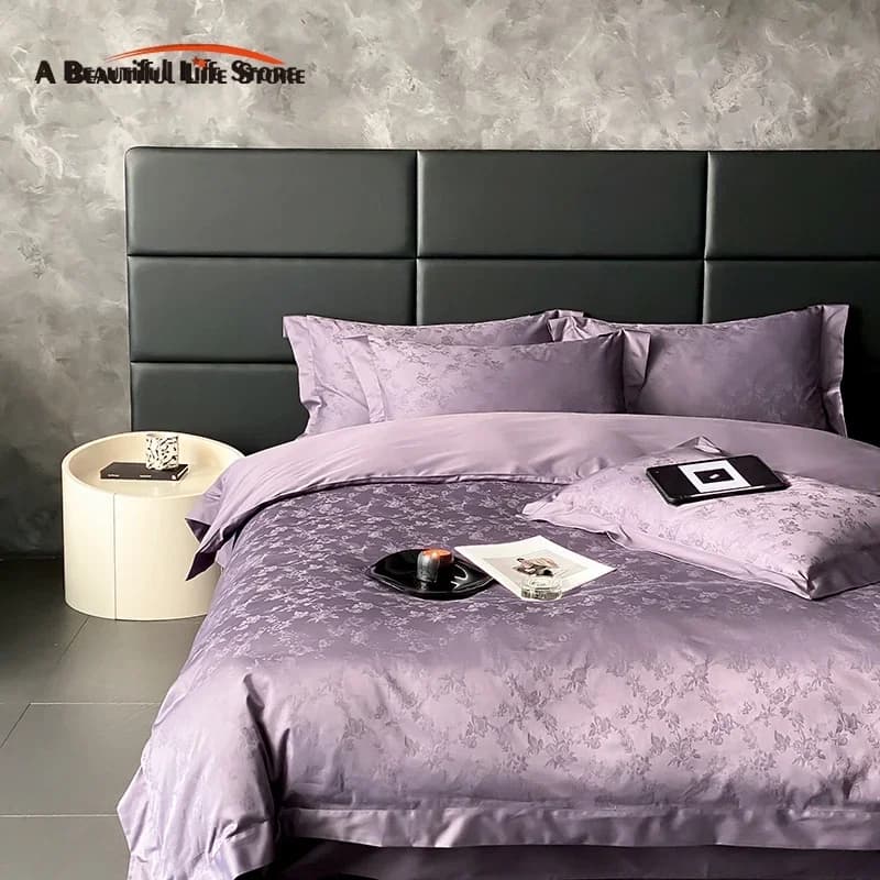 Set biancheria da letto Jacquard in raso di cotone egiziano, lusso, morbido, setoso, fiori viola eleganti, copripiumino, lenzuolo, federe