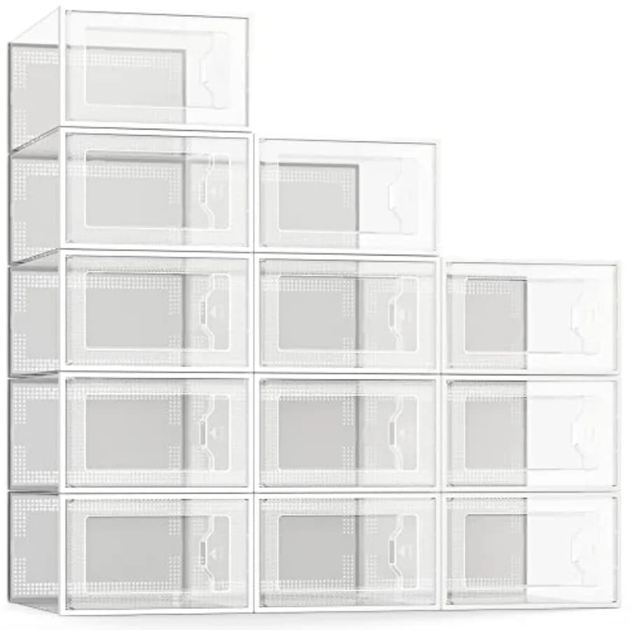 Set di 12 Scatole Porta Scarpe, Organizzatore Impilabile in Plastica per Armadio, Contenitore Pieghevole Salvaspazio per Sneaker
