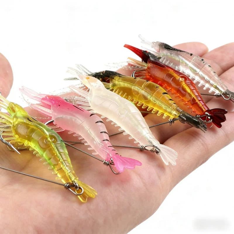 Esca Artificiale Bionica a Forma di Gamberetto Luminosa Notturna 9cm 6g, Attrezzo da Pesca Universale con Set di Ami per Spigola, Pesci Testa di Serpente e Topmouth Culte