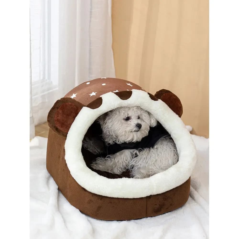 Brown Bear Shaped Thermal Lined Pet Bed Suitable For Small And Medium Sized Cats And Dogs, All Seasons