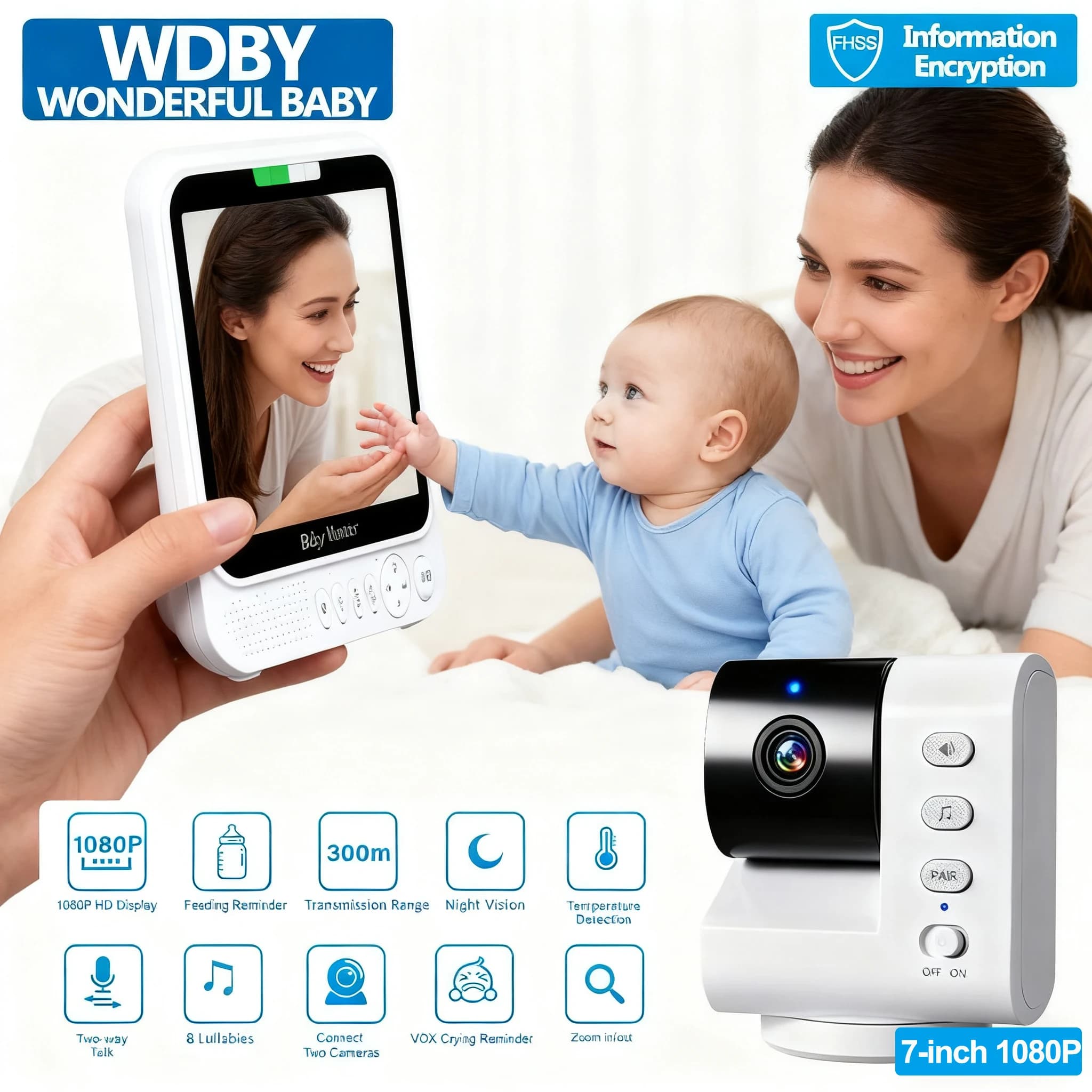 Baby monitor video da 7,0 pollici, telecamera PTZ con zoom 4x, audio bidirezionale e visione notturna IR, 5000 mAh, ninna nanna, nuovo dispositivo di sicurezza per neonati e mamme