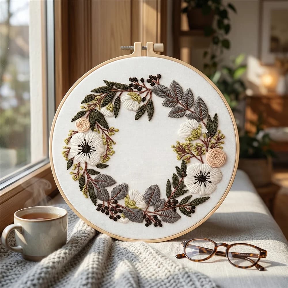 Set Completo per Ricamo a Punto Croce con Motivo a Ghirlanda e Telaio, Kit per Principianti, Design Floreale, Cucito a Mano, Decorazione per la Casa