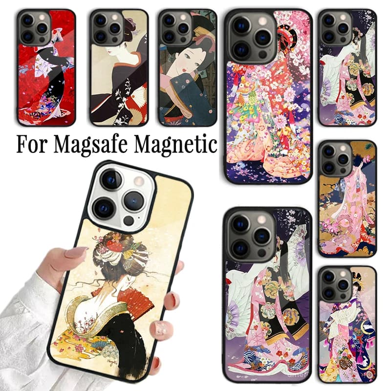 Cover per iPhone con Geisha Giapponese, Custodia Magnetica Magsafe per iPhone 17 AIR 16 15 14 13 12 11 Pro Max Plus