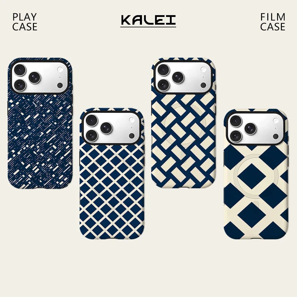 Navy Crisscross Texture Phone Case For Magnetic for iPhone 17 16 15 14 13 12 11 Pro Max Plus Double-layer Anti-Drop Back Cover