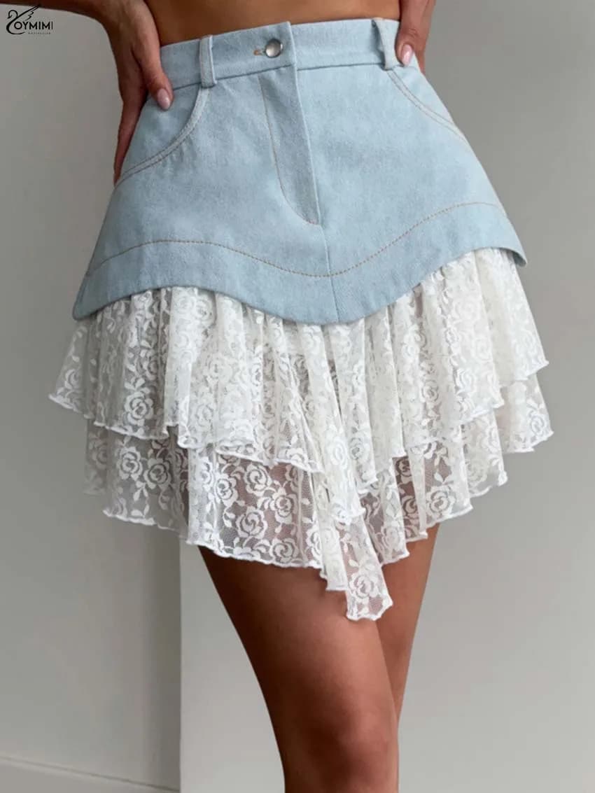 Oymimi Elegant Blue Jeans Women's Skirt Fashion High Waisted Patchwork Lace Skirts Casual Button Pleated Mini Skirts Streetwear