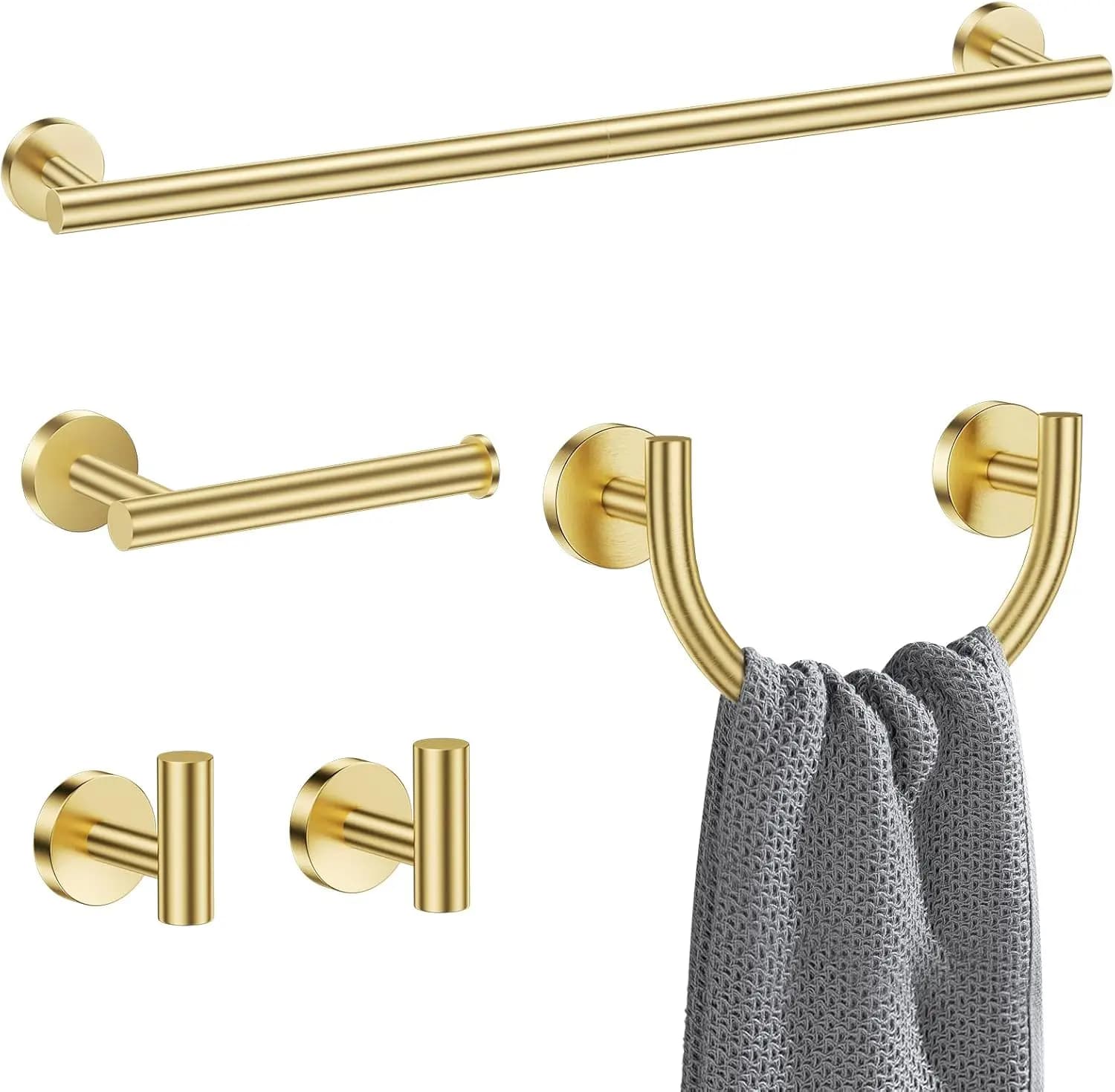 Set di accessori per il bagno da 5 pezzi, portasciugamani in oro spazzolato con anelli a forma di faccina sorridente, supporto da parete in acciaio inossidabile per il bagno