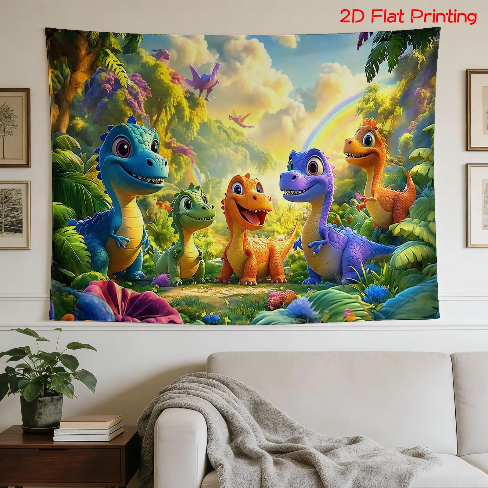 Vibrant Cartoon Dinosaur Tapestry for Kids Room Wall Hanging Jungle Scene Nursery Decor Toddler Kids Art Print Tapestry