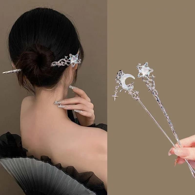Vintage Hair Sticks Moonstone Star Moon for Women Hair Accessories with Hair Sticks with Cross Nappa in Chinese Style