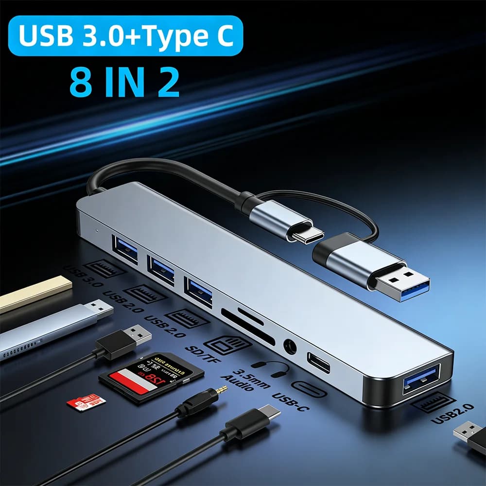 Hub USB 8-in-1 con 2 porte USB 3.0, 2 porte USB 2.0 e 1 porta USB-C, lettore di schede TF/SD, adatto per laptop, PC e Macbook