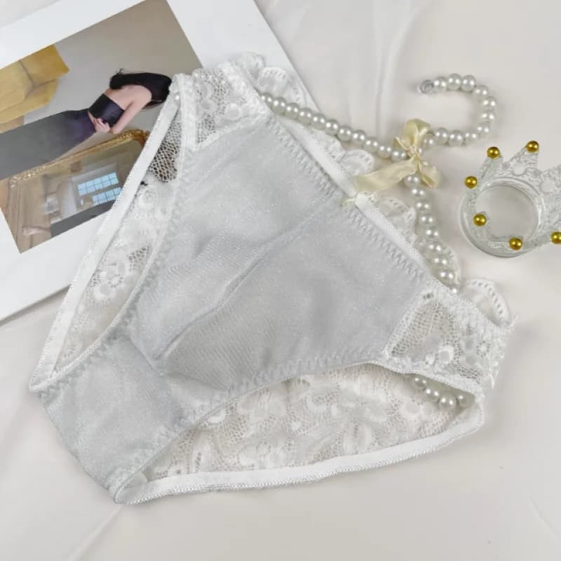 Men's Cute Style Panties Sexy Lace Hollow Transparent Embroidery Ruffle Sissy Underwear Erotic Lingerie Convex Pouch Breifs