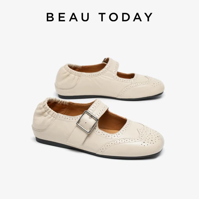 BEAUTODAY Retro Mary Janes Women Sheepskin Leather Buckle Strap Waxing Round Toe Solid Color Ladies Shoes Handmade 28765