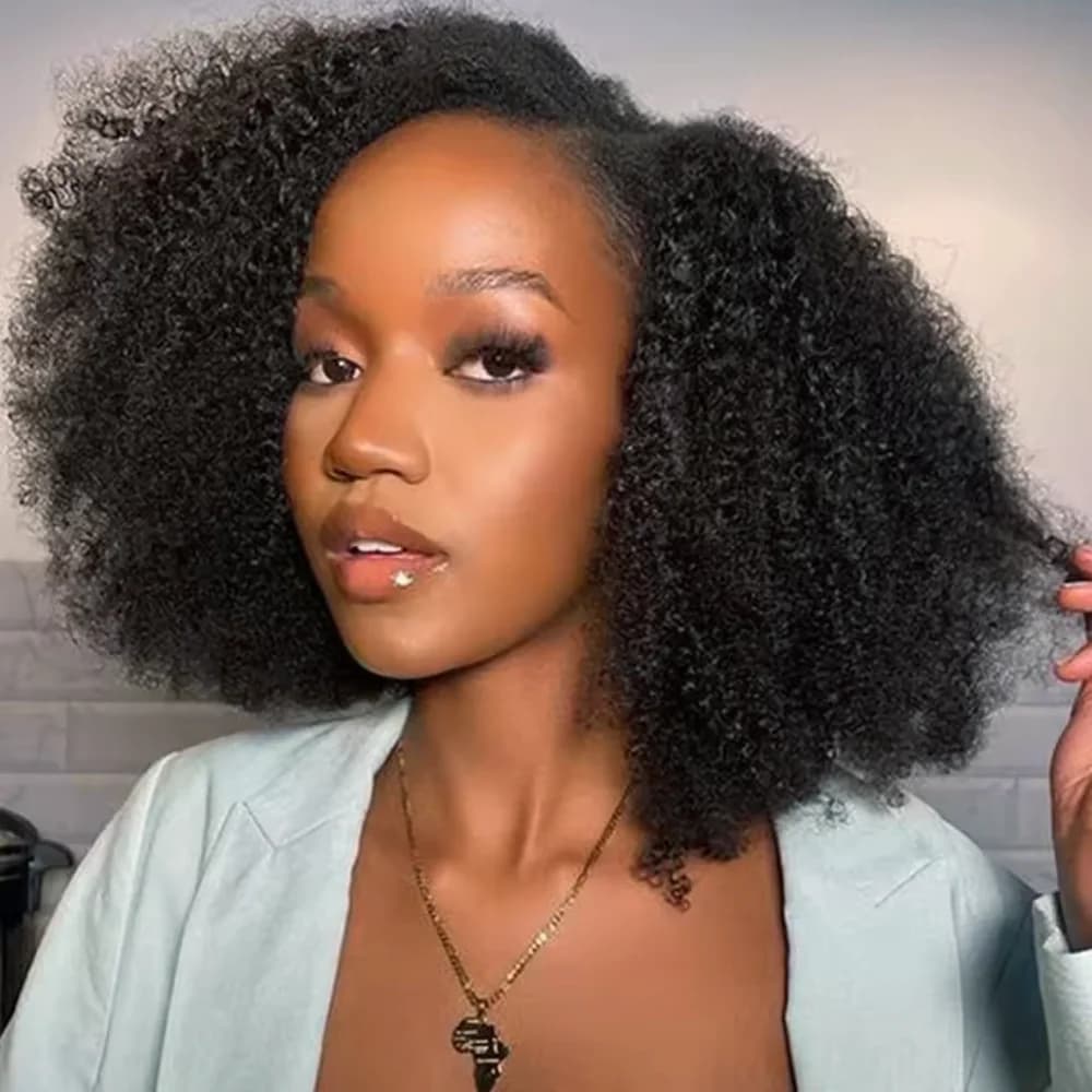 Parrucca 3 in 1 con mezza parrucca e laccetto, clip invisibili, capelli umani ricci afro, realizzata a macchina, facile da usare per principianti, 32 pollici