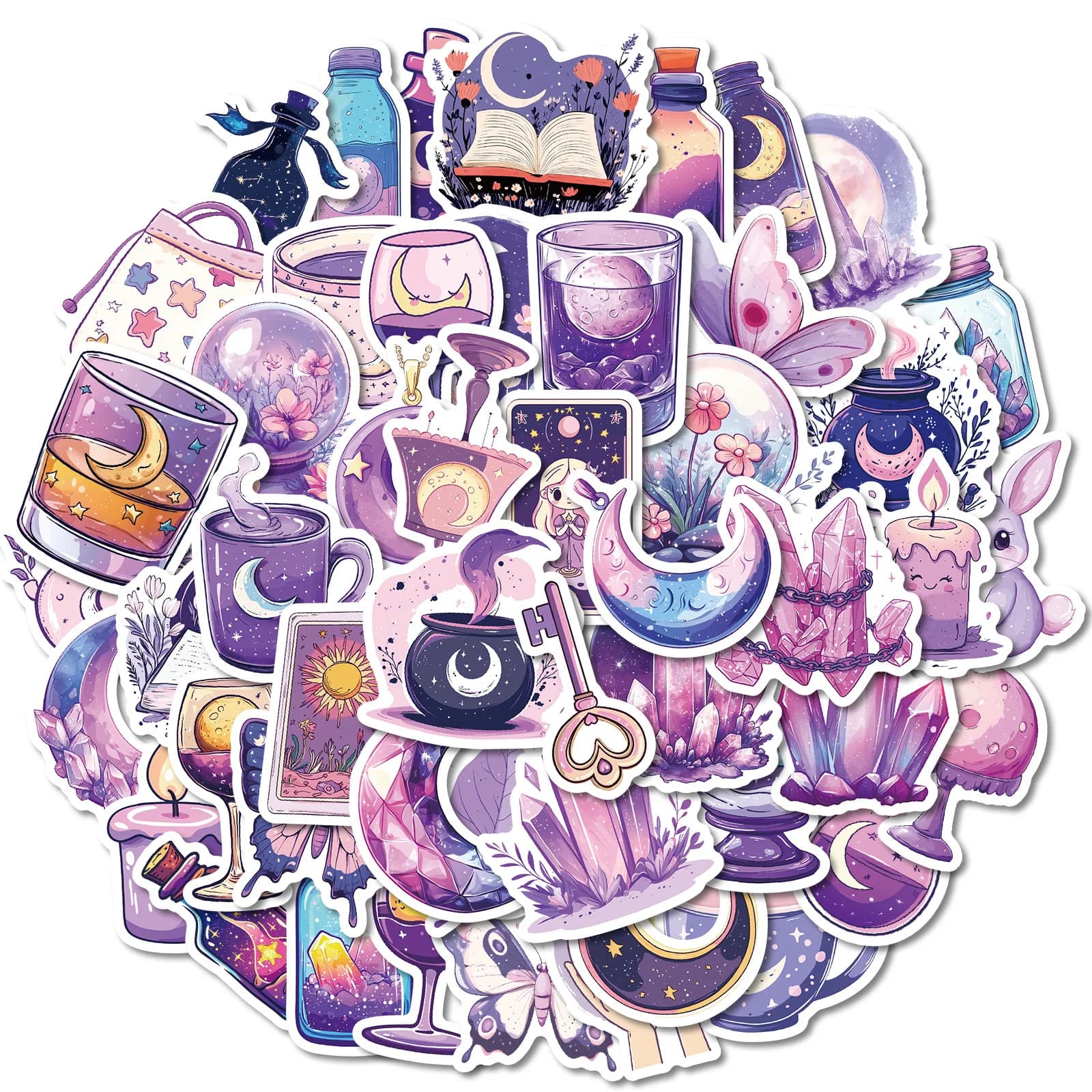 50Pcs Art Magic Moon Stickers Witch Moon Decals For Laptop Scrapbook Luggage Guitar Helmet DIY Graffiti Aesthetic Stickers