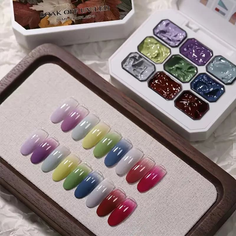 Smalto gel solido al cioccolato e sale marino in 9 colori, gel UV per unghie, decorazioni fai da te per nail art, strumenti adatti per principianti nel nail art.