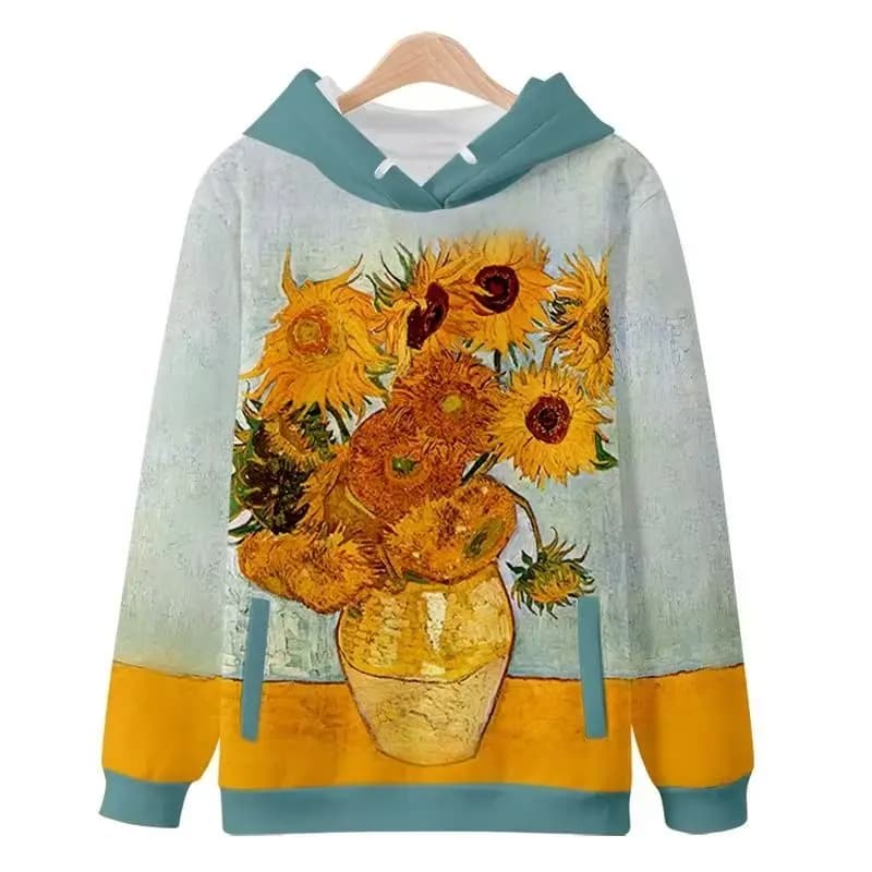 Sunflowers Vincent Willem Van Gogh Graphic Hoodies Oil Painting Art Aesthetic for Autumn/Winter Long Sleeve Hooded Cartoon Print