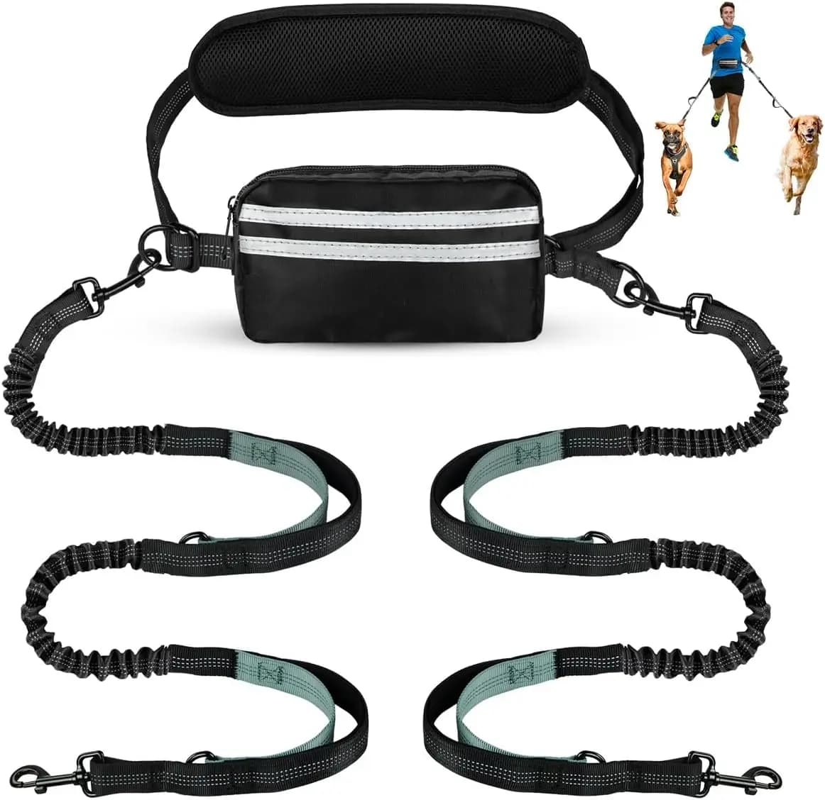 Hands-Free Dual Dog Leash Set with Detachable Waist Bag Tangle-Free 2-Pet Walking Belt Bungee Lead Cushioned Pad for Easy Running Walking Compatible with Harnesses Collars Adjustable Pet Accessories