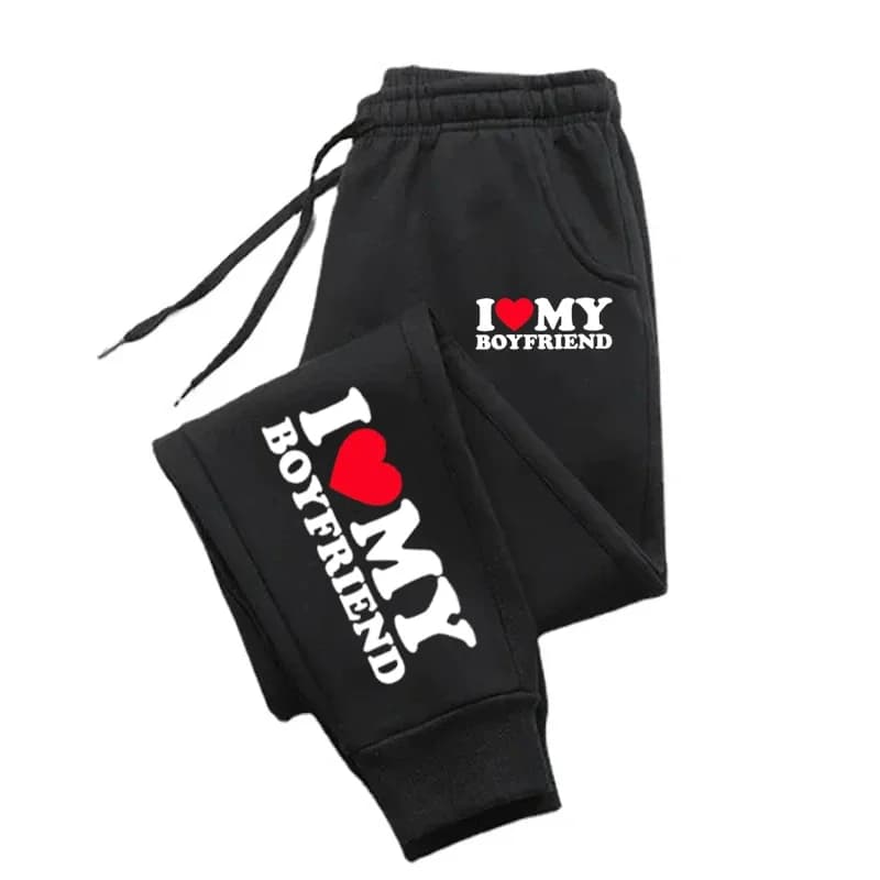 I Love My Boyfriend and Girlfriend Print Pants Woman Man Couple Sweatpants Loose Casual Warm Pants Pocket Drawstring Sportswear