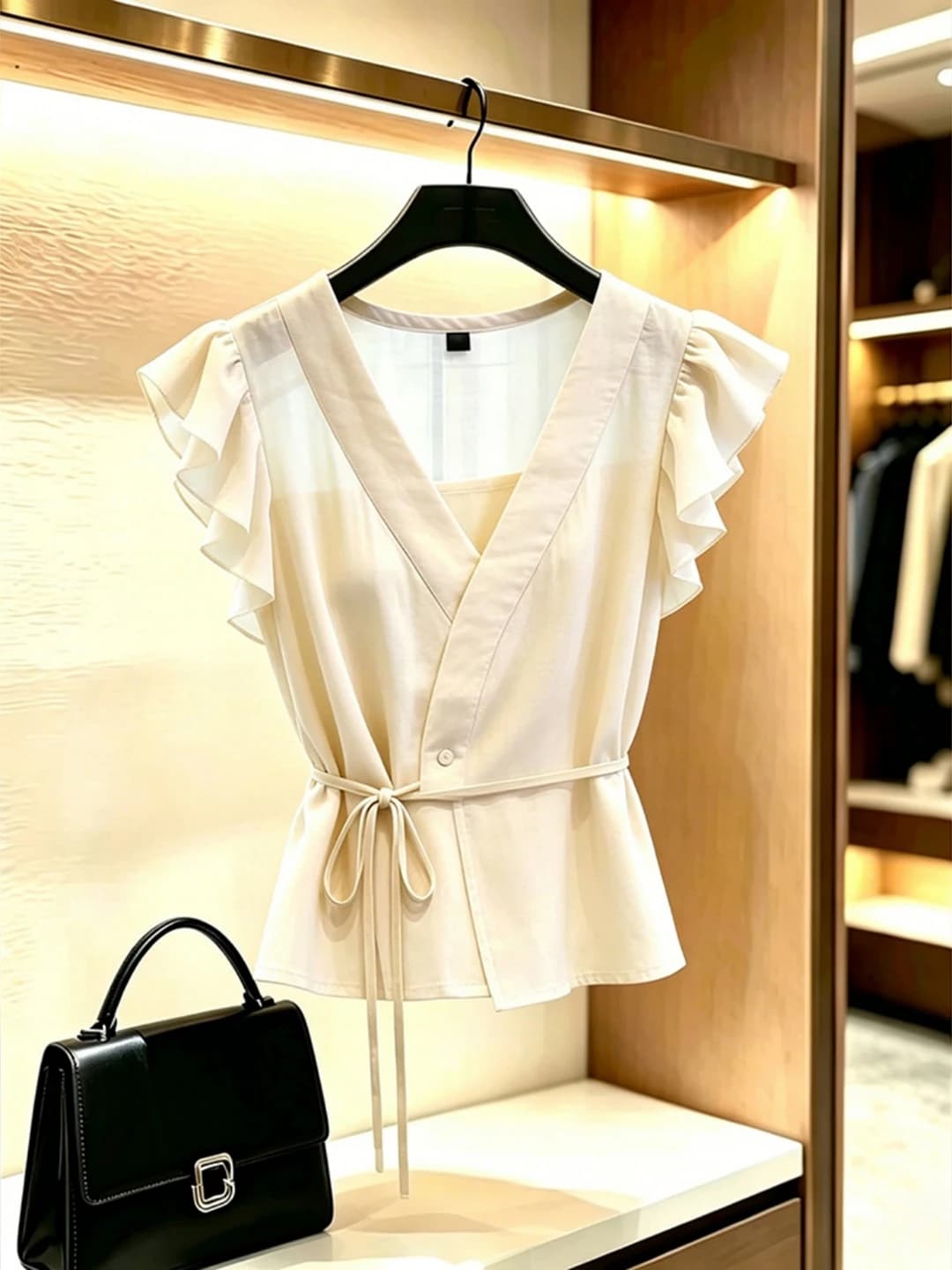 Chic V-Neck Short Sleeve Shirt Women's Fashionable Slimming Bow-Tie Top Korean Style Belted Summer Trendy High-End Feeling